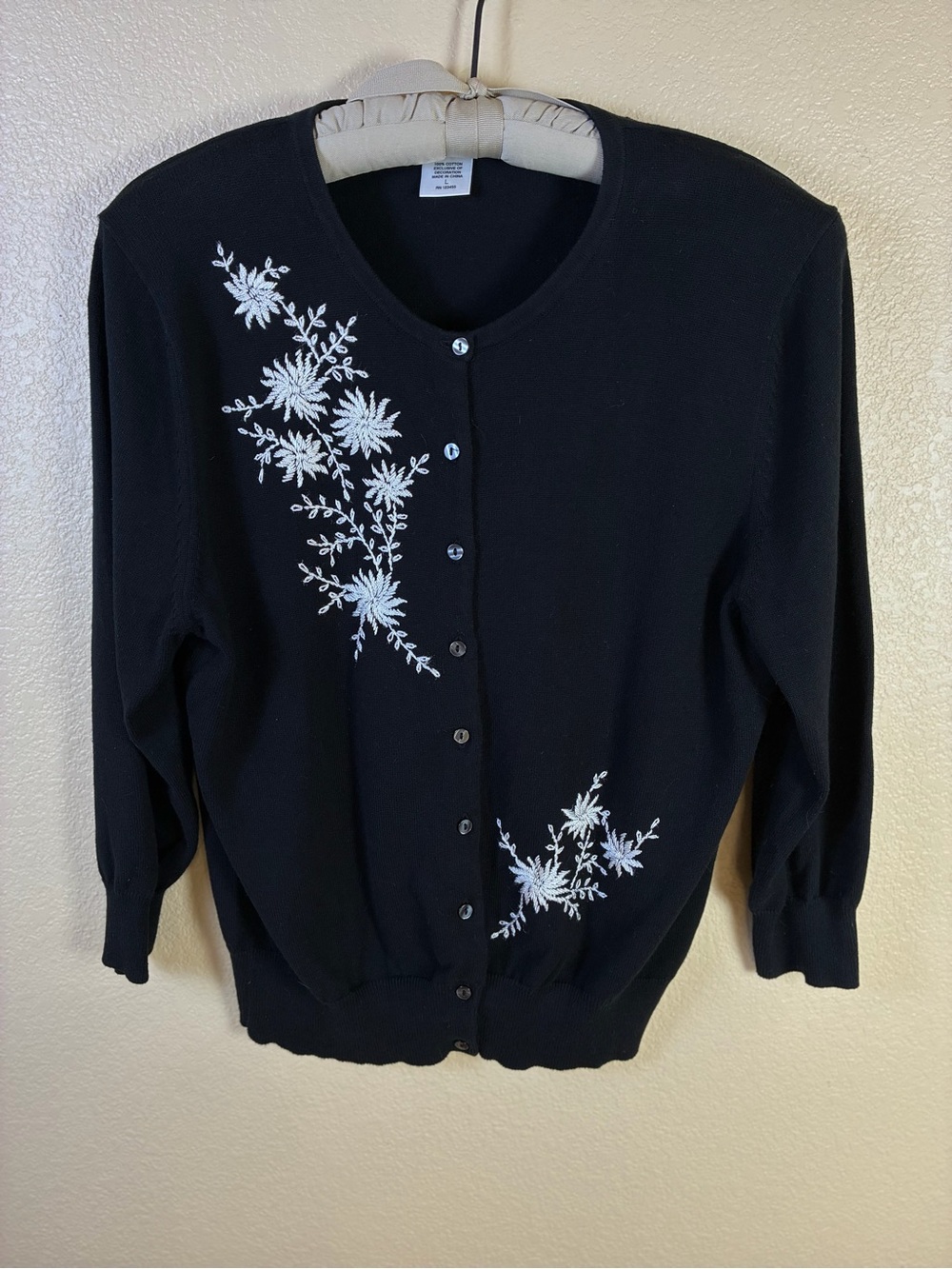 Kate Hill Black and White Button Up Cardigan with White Floral Embroidery